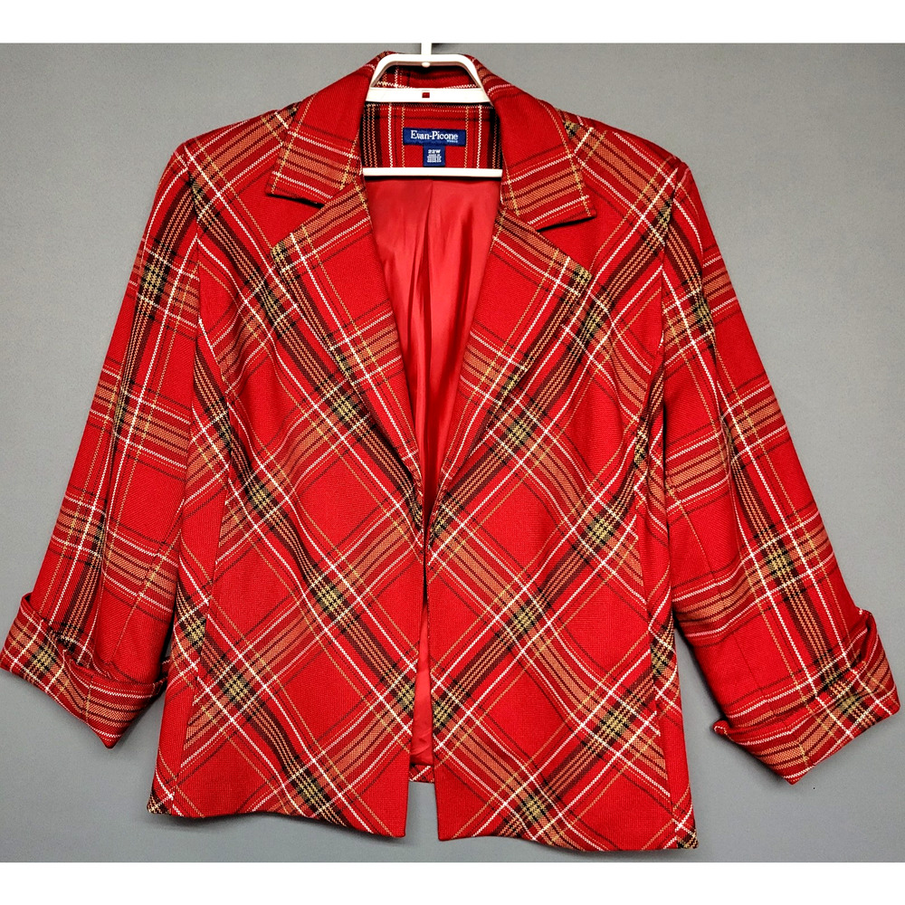 Evan- Picone Red Plaid Blazer Womens 22W Plus Tartan Career Jacket Classic